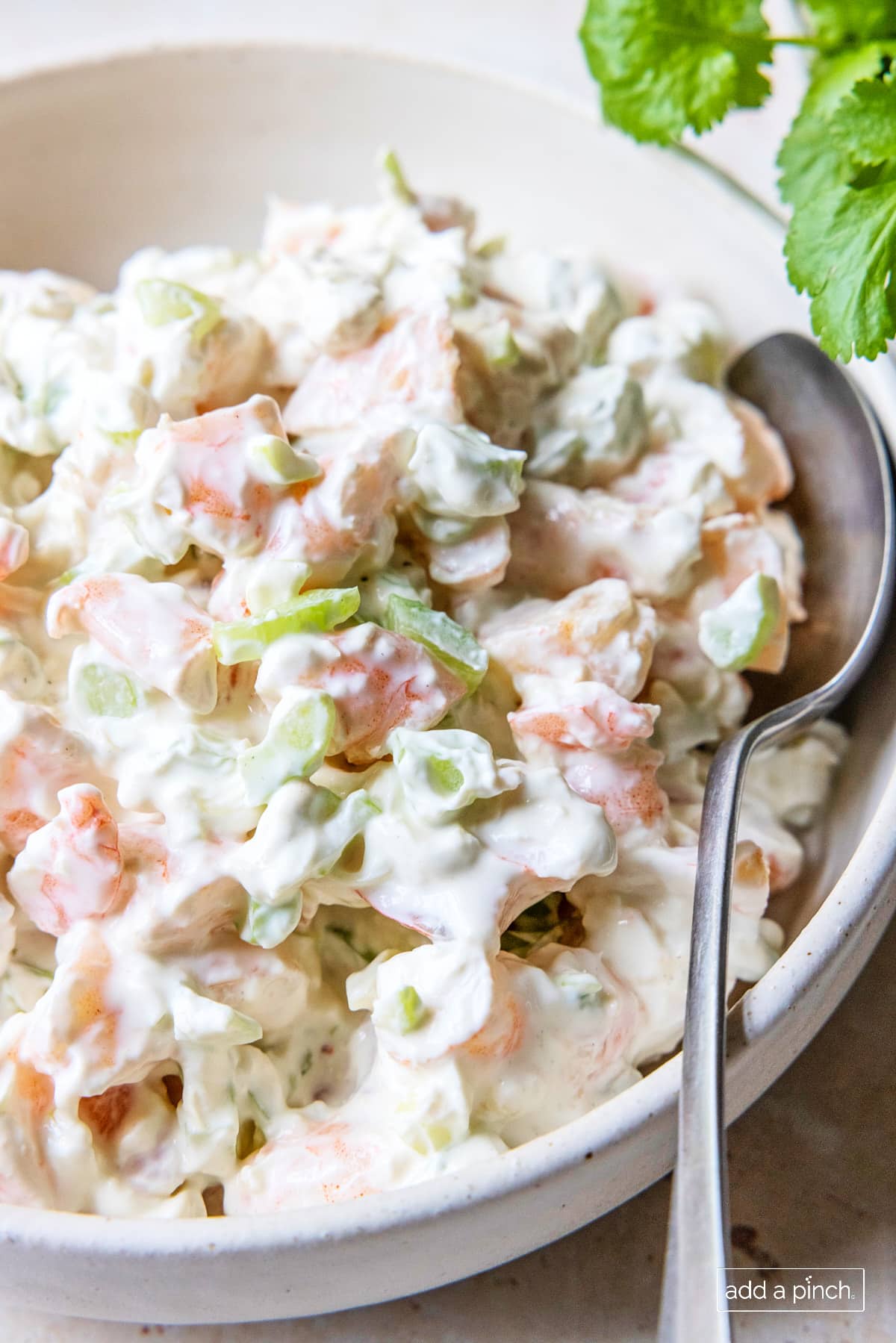 Shrimp dip in a white bowl with a spoon for serving.