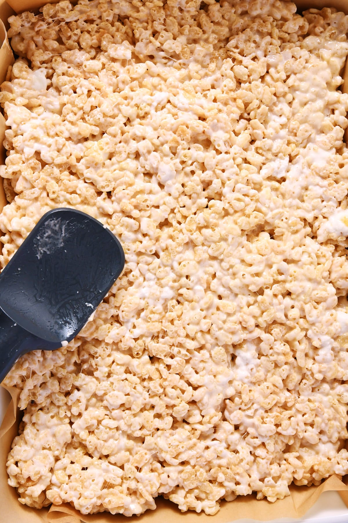 Rice krispie treats in baking dish.