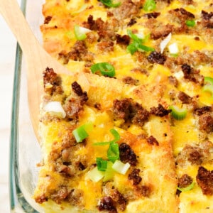 Breakfast casserole in a glass pan.