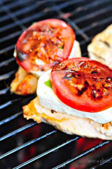 Caprese Grilled Chicken with Balsamic Reduction Recipe - A favorite caprese salad takes center stage with this delicious grilled chicken! // addapinch.com