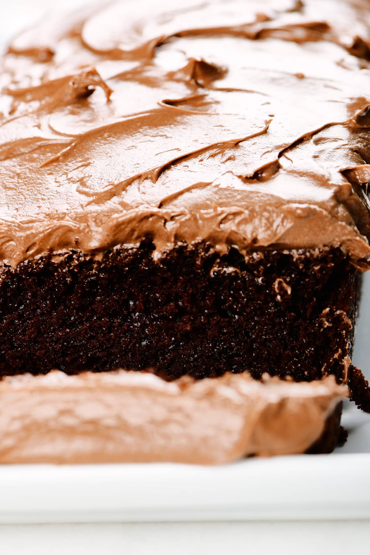 Chocolate loaf cake topped with chocolate buttercream frosting on a white platter.