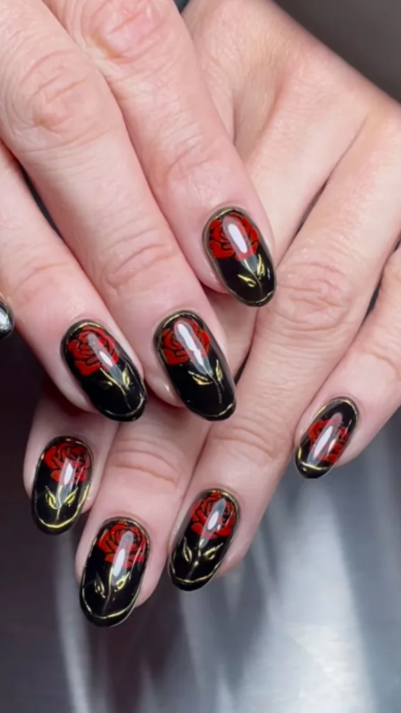 Black nails with red rose illustration