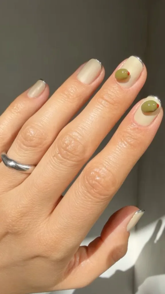 Clear manicure with 3D olive detail