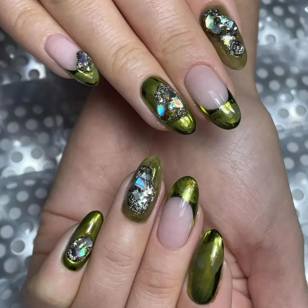 Green Chrome manicure with opal accents