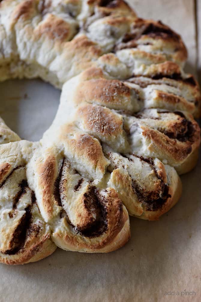 Freshly baked Cinnamon Roll Biscuit Wreath without icing.