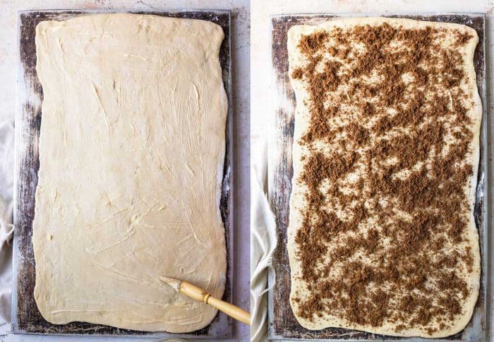 Step by step image of cinnamon roll dough filling being added.