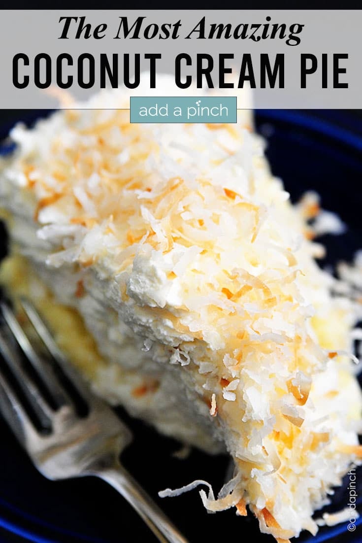 Coconut Cream Pie with fork and text - addapinch.com