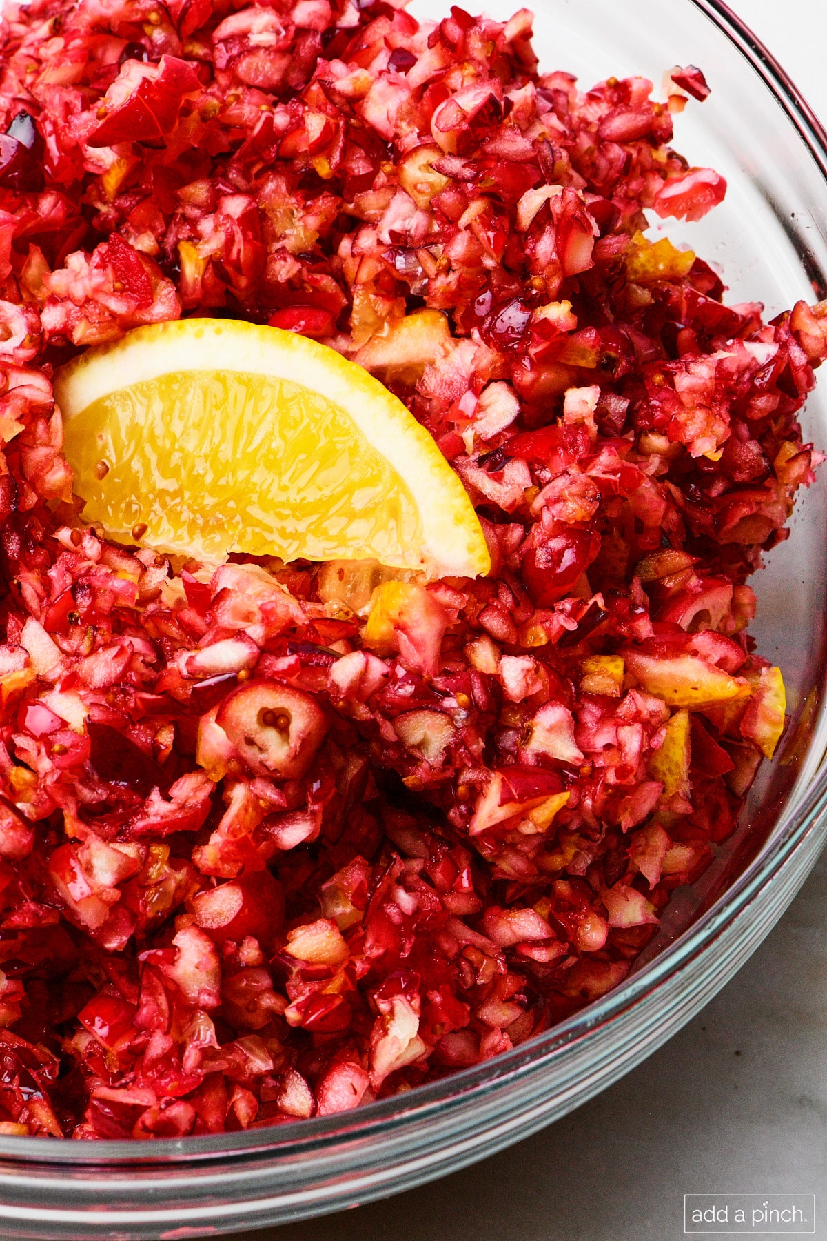 Fresh cranberry relish with an orange slice garnish.