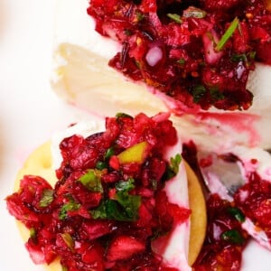 Closeup of cranberry salsa over cream cheese.