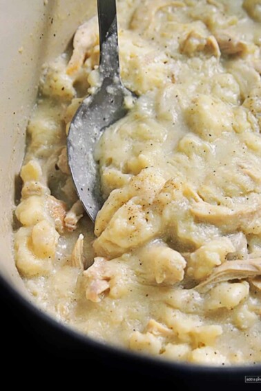 Photo of chicken and dumplings in a Dutch oven with a serving spoon.