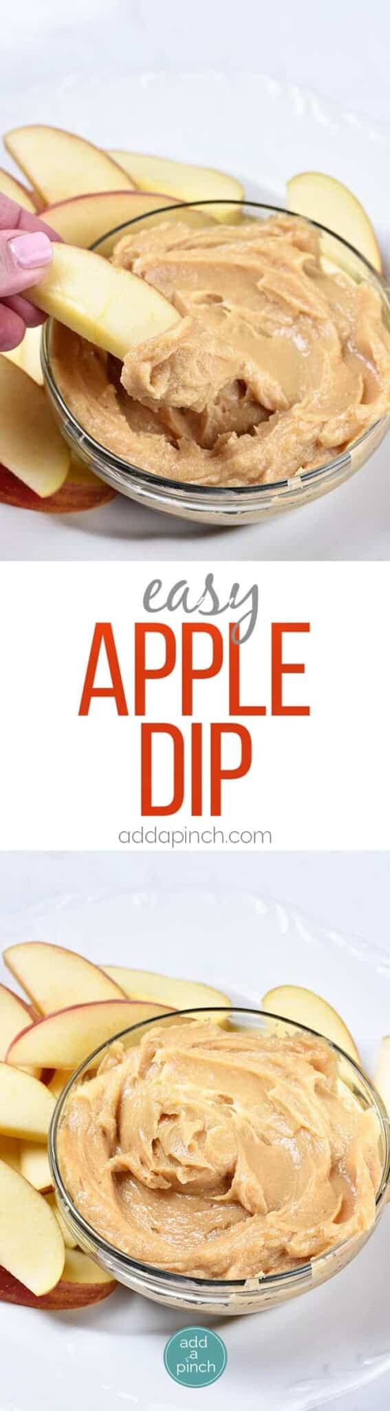 Photo collage of apple dip pictures and text.