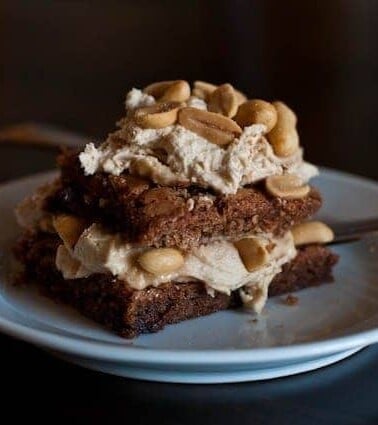 Fudge Cake with Peanut Butter Frosting | addapinch.com