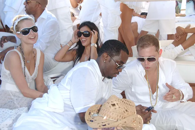 Paris Hilton, Kim Kardashian, Sean "Diddy" Combs and Scott Storch at his white party