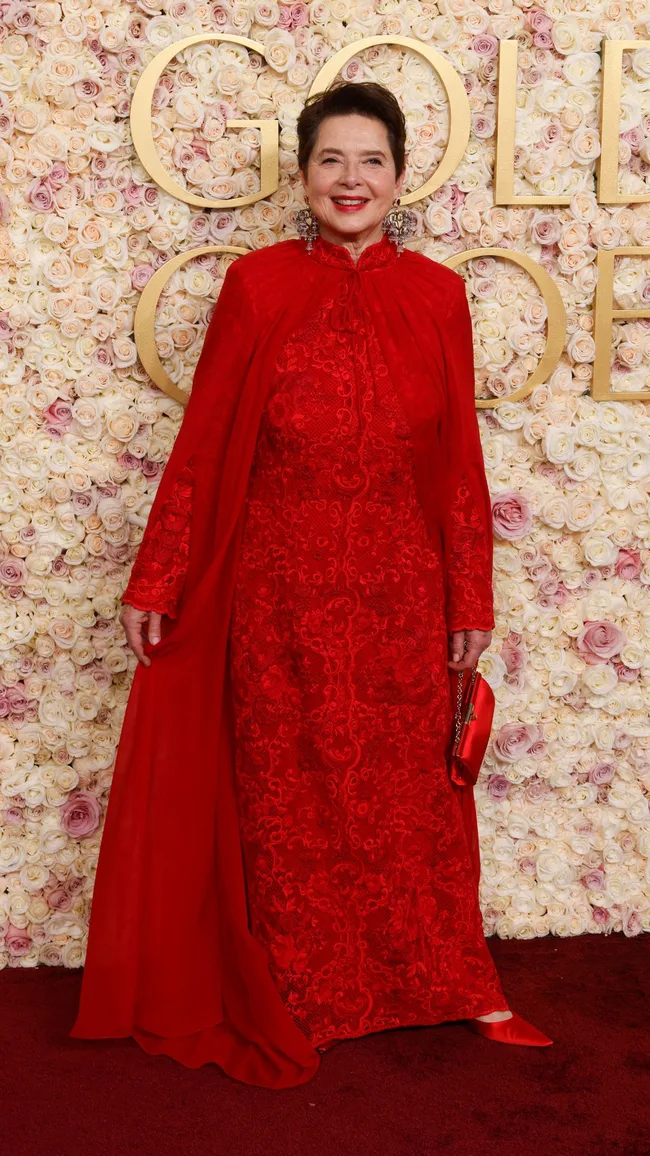 golden globes red carpet 2025 isabella rossellini in red dress