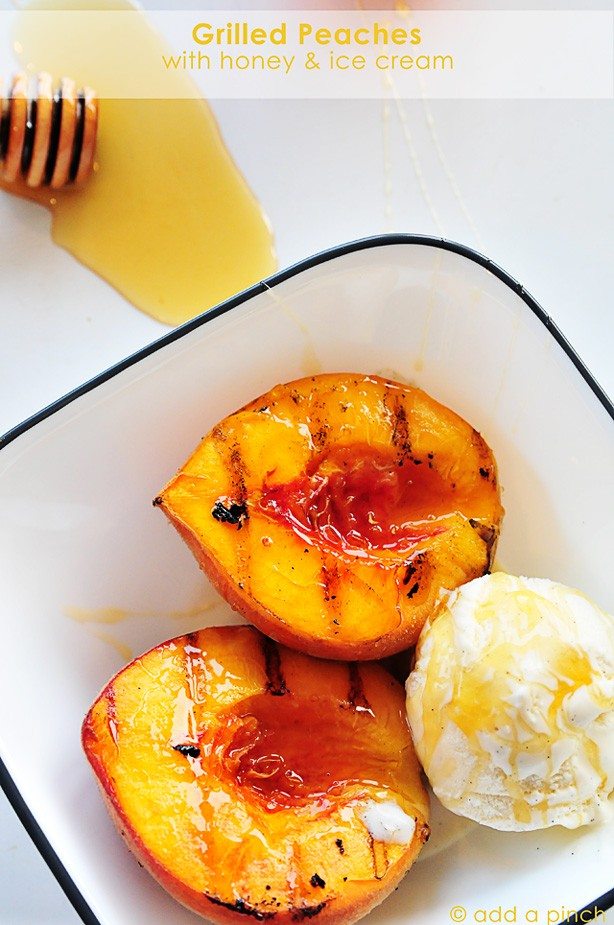 Grilled peaches with vanilla ice cream and honey is a perfect, simple and scrumptious summertime dessert. // addapinch.com