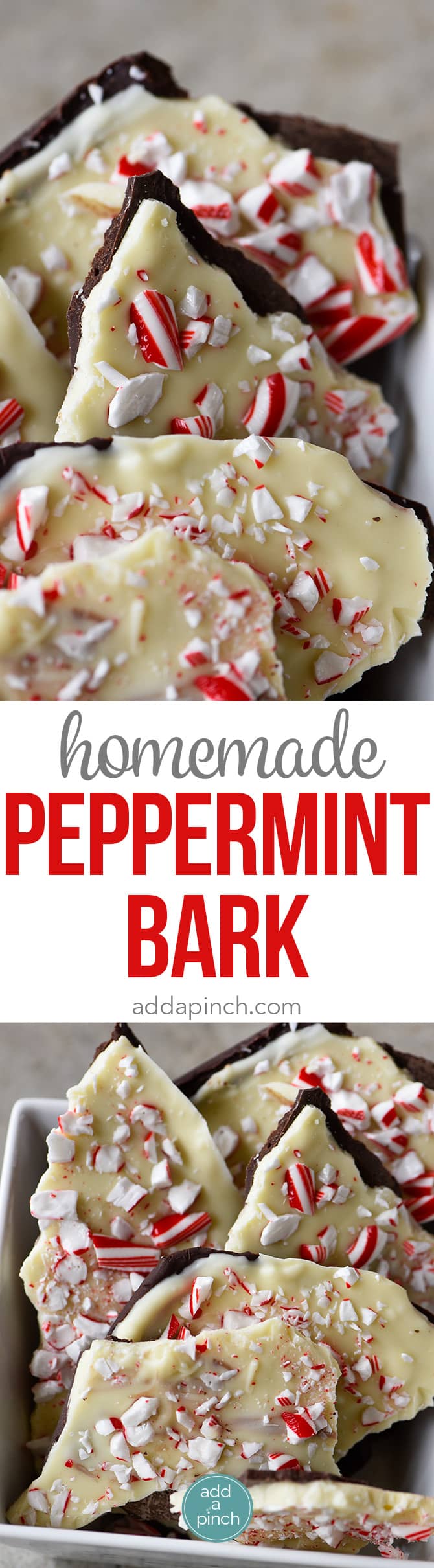 Homemade Peppermint Bark Recipe - Peppermint Bark makes a favorite holiday treat! This homemade peppermint bark recipe is made with layers of peppermint filled milk chocolate and white chocolate and then topped with peppermint candy. // addapinch.com