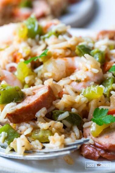 Close photo of creole-style jambalaya on a white plate.