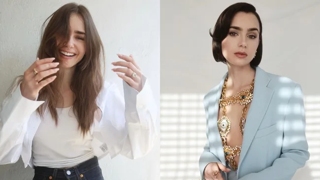 lily collins before and after her hair cut from long hair to bob