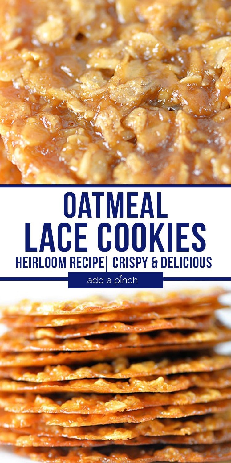 Stack of thin Oatmeal Lace Cookies and close up of cookie - with text - addapinch.com