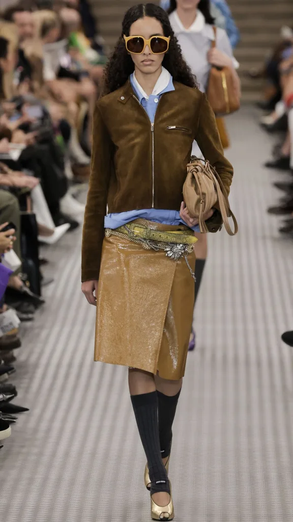 A model walks the runway during the Miu Miu Ready to Wear Spring/Summer 2025 fashion show as part of the Paris Fashion Week on October 01, 2024 in Paris, France.