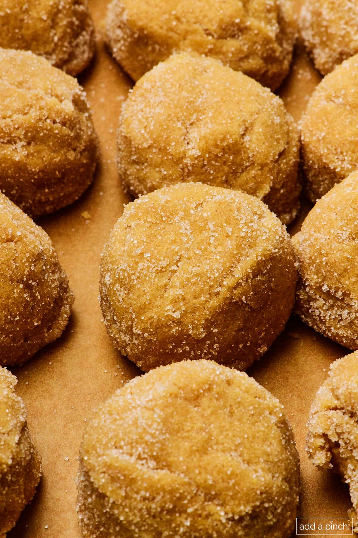 Balls of peanut butter cookie dough rolled in sugar on a baking sheet.