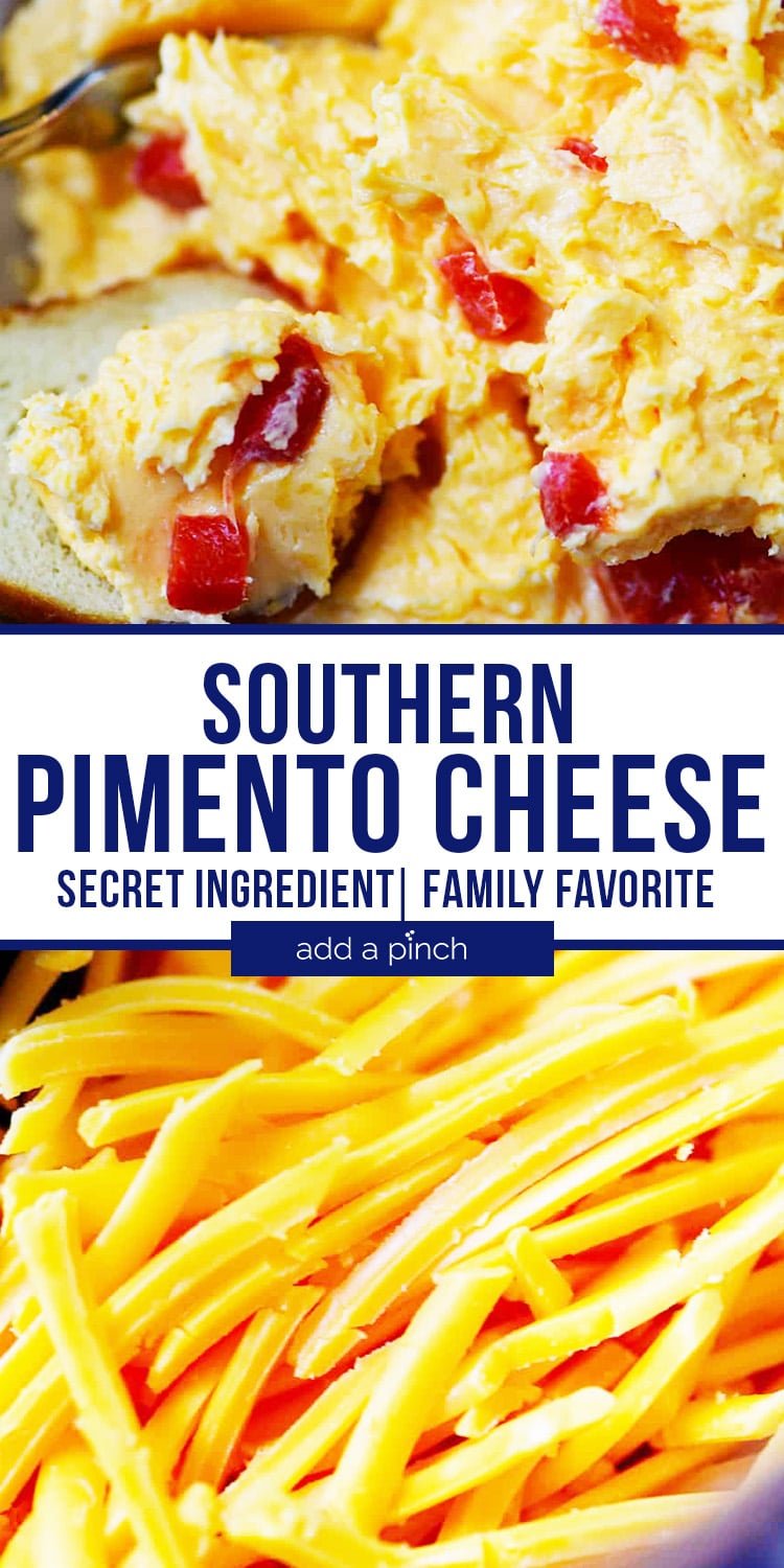 Southern Pimento Cheese scoop and shredded cheese - with text - addapinch.com