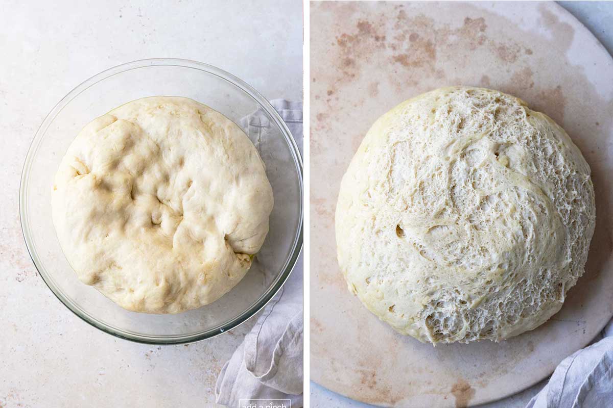 Collage photos of pizza dough rising and then ready to use.