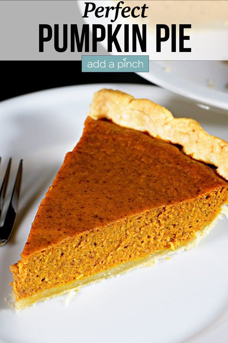 Pumpkin Pie slice on white plate - with text - addapinch.com