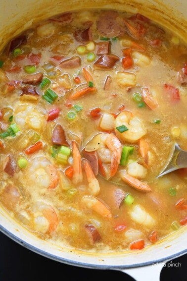 Shrimp and Sausage Gumbo Recipe - This Shrimp and Sausage Gumbo makes a delicious, quick and easy gumbo recipe! Ready in less than 30 minutes, this gumbo is great for weeknights and weekends! // addapinch.com