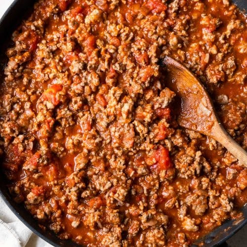 Photo of skillet filled with homemade spaghetti sauce.