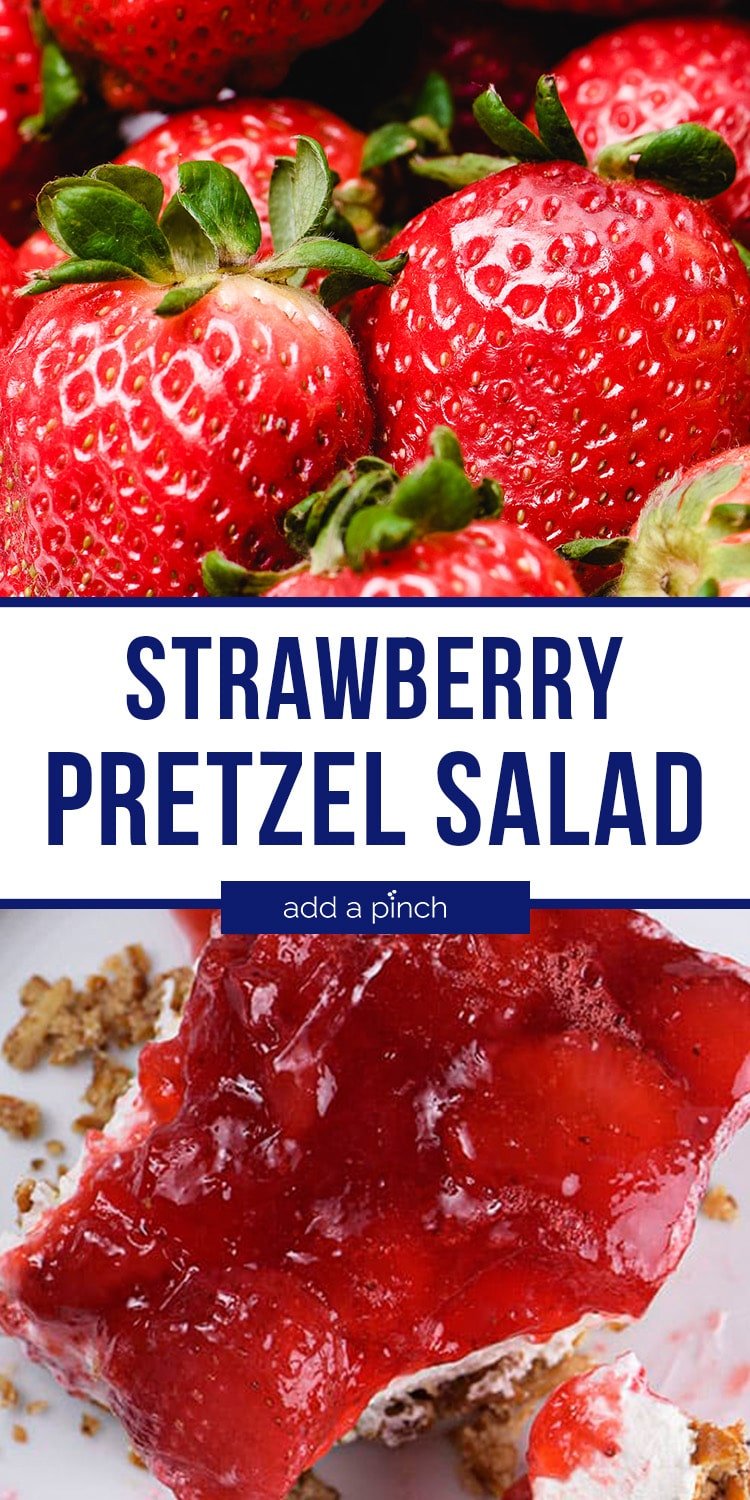 Strawberry Pretzel Salad Collage with text - addapinch.com