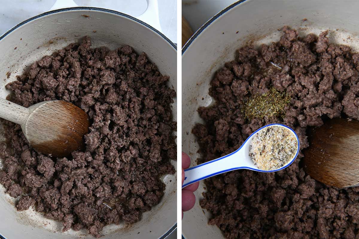 Two photos side by side showing step browning ground beef and adding seasonings. 