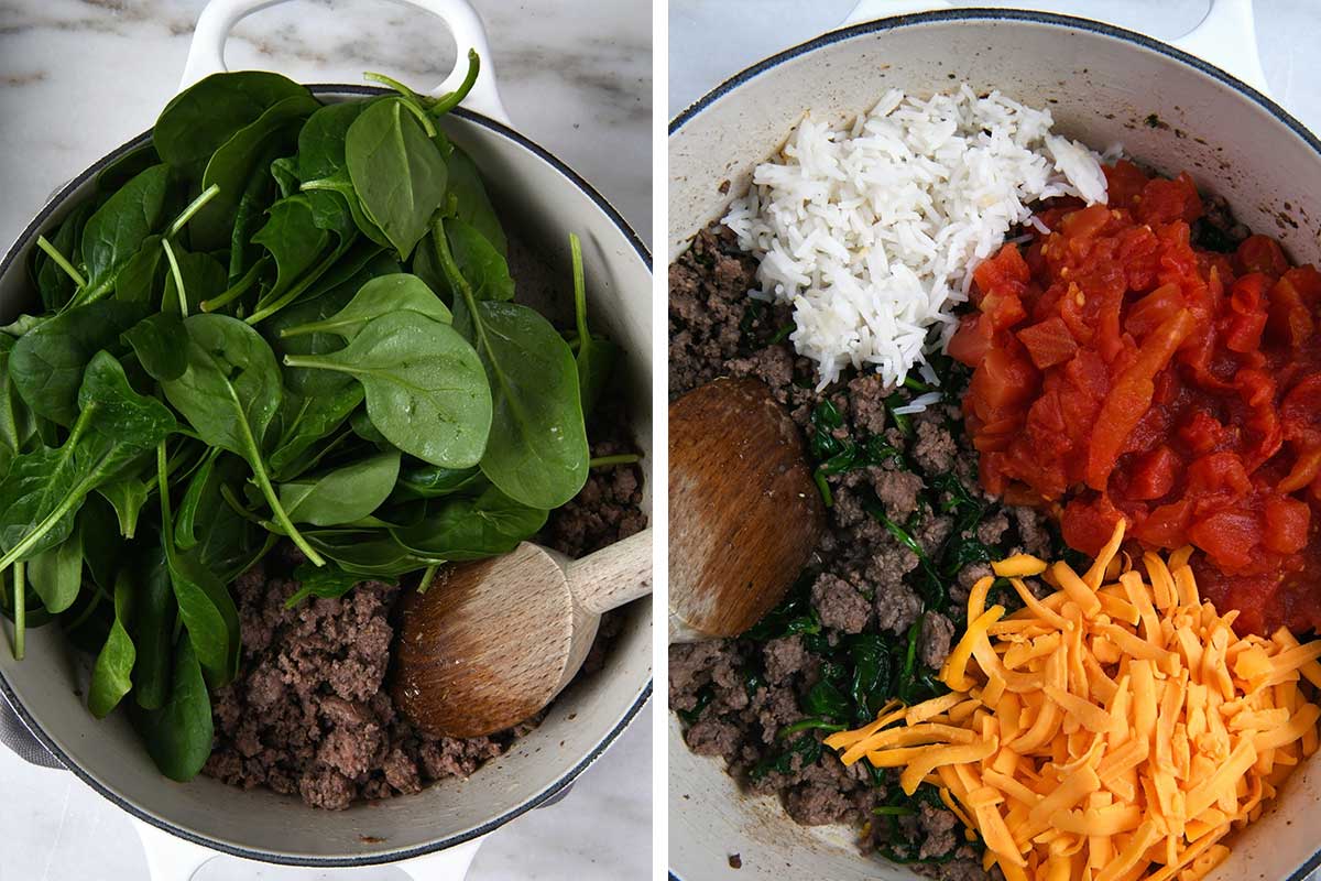 Photo of fresh spinach added to ground beef in a dutch oven and then cooked rice, tomatoes, and cheese added to the meat mixture.