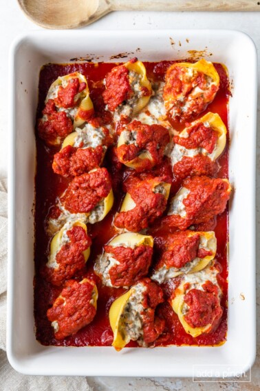 Photo of baked stuffed shells ready to serve.