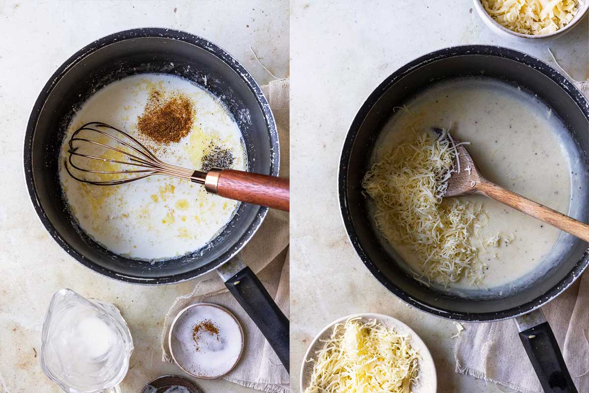 Two images showing how to make cream sauce for scalloped potatoes. 