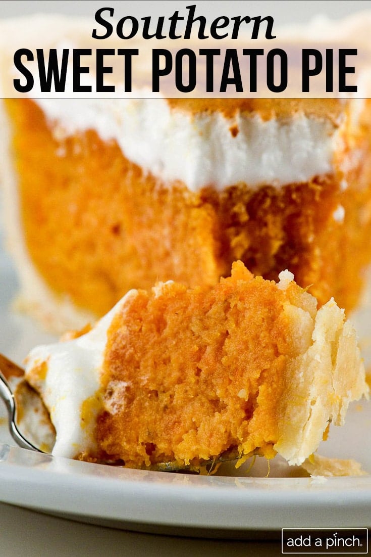 Slice of Southern Sweet Potato Pie with browned marshmallow topping - with text - from addapinch.com