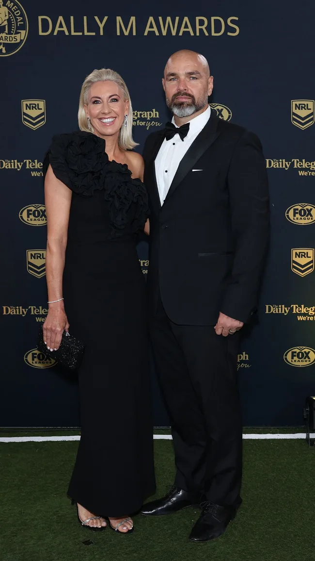 Todd Payten head coach of the Cowboys and Julie Payten on the dally m red carpet