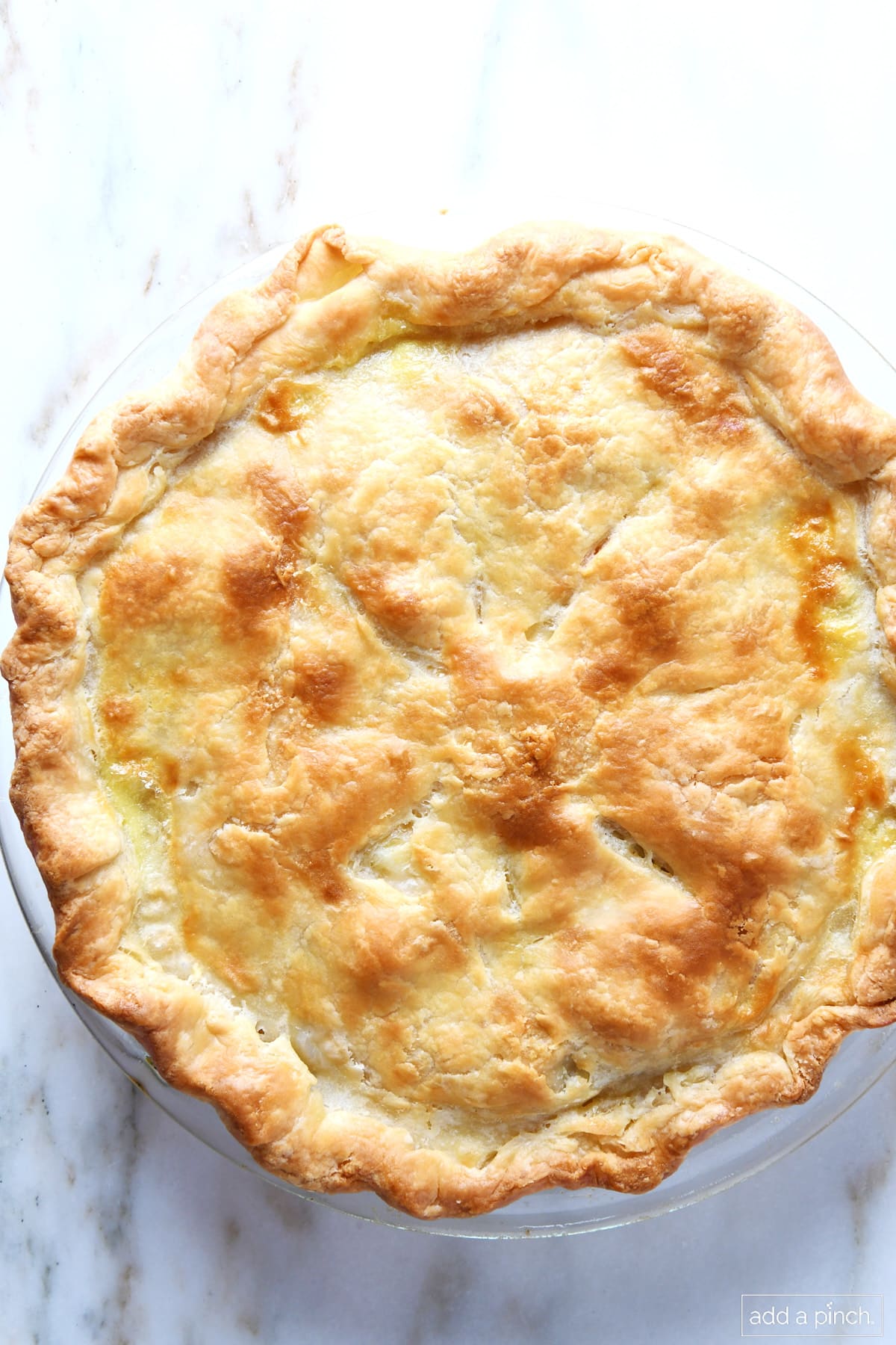 Baked turkey pot pie with golden brown crust.