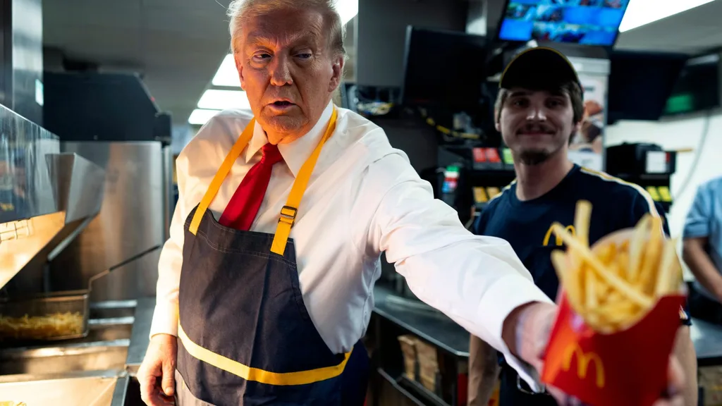 Republican presidential nominee, former U.S. President Donald Trump works behind the counter during a campaign event at McDonald's restaurant on October 20, 2024 in Feasterville-Trevose, Pennsylvania. Trump is campaigning the entire day in the state of Pennsylvania. Trump and Democratic presidential nominee Vice President Kamala Harris continue to campaign in battleground swing states ahead of the November 5th election.