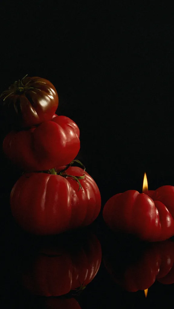 Tomato candle next to a stack of tomatoes